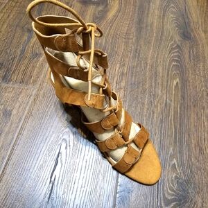 Marc Fisher Women's Gladiator Camel Leather Block Heel Lace-Up Sandals sz 9.5